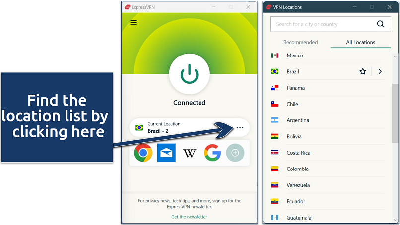Screenshot of ExpressVPN’s Windows app connected to a Brazil IP address