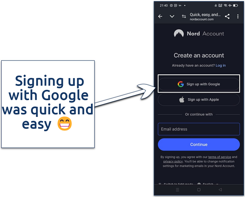 Screenshot of NordVPN’s sign up page