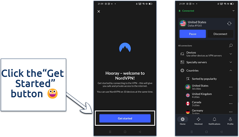 Screenshot of an Android device connected to NordVPN’s Dallas server