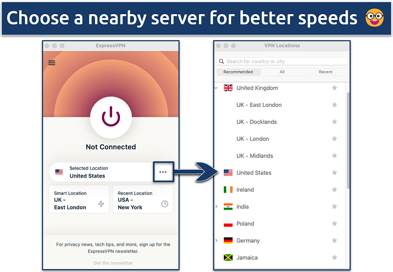 Screenshot showing ExpressVPN’s server list