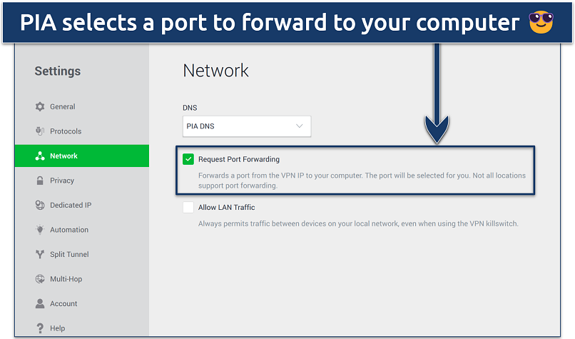 Screenshot showing PIA’s port forwarding