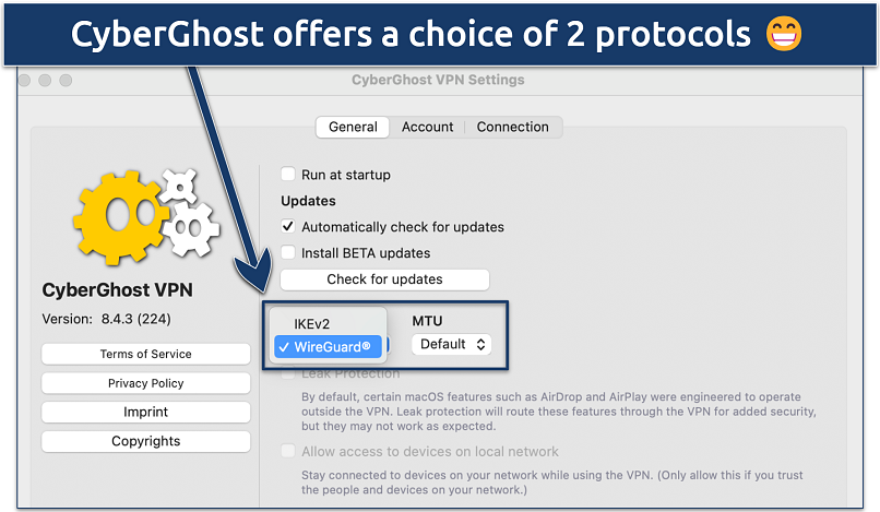 Screenshot showing CyberGhost’s protocol options