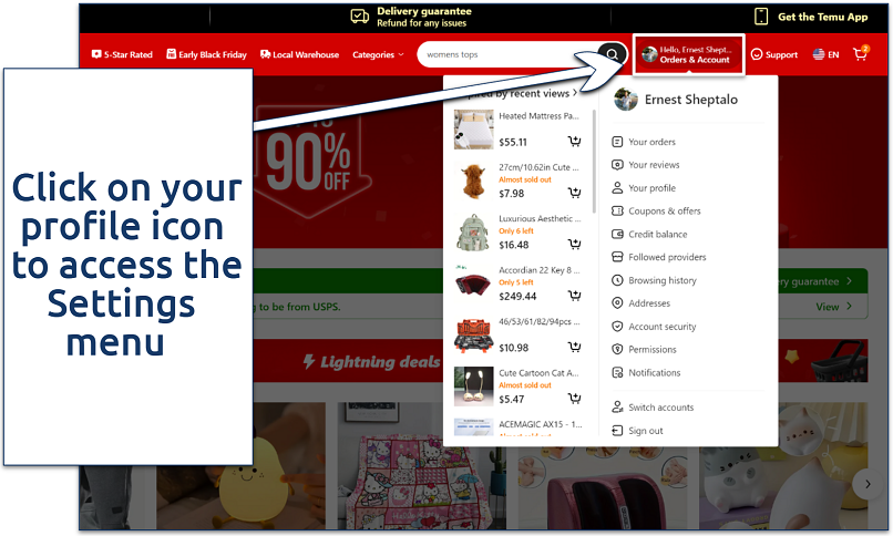 A screenshot showing how to access Temu’s settings menu