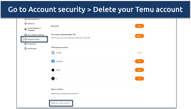 A screenshot showing how to access Temu’s Account Security settings