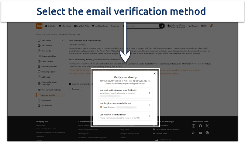 A screenshot showing Temu’s account deletion verification method