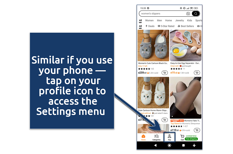 A screenshot showing how to access Temu’s settings menu on mobile
