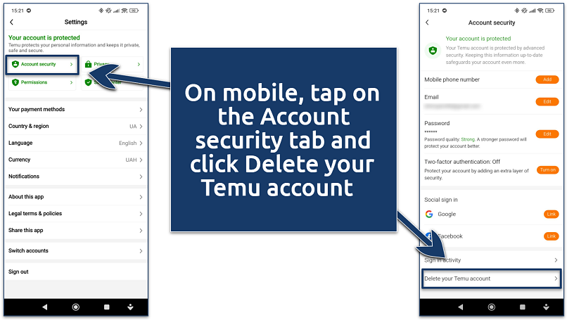 A screenshot showing how to access Temu’s Account Security settings on mobile