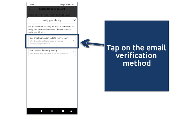 A screenshot showing Temu’s account deletion verification method on mobile