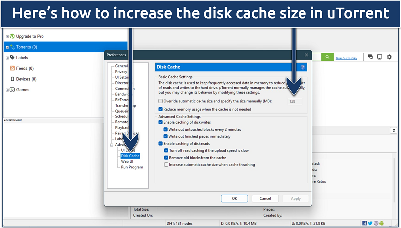 Screenshot of uTorrent’s advanced settings with the option to increase disk cache size