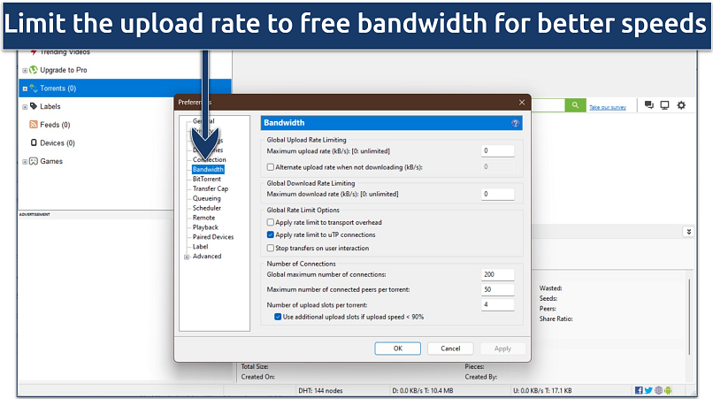 Screenshot of uTorrent’s bandwidth optimization options