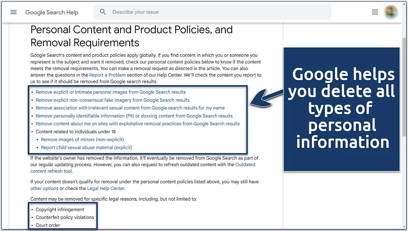 Screenshot of Google Search's Personal Content and Product Policies, and Removal Requirements page