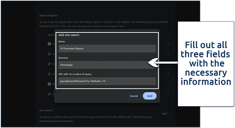 Screenshot showing Google Chrome's add site search interface