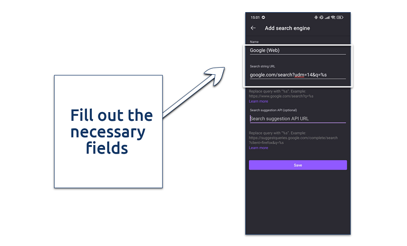 Screenshot showing how to add a new search engine on the mobile version of Firefox