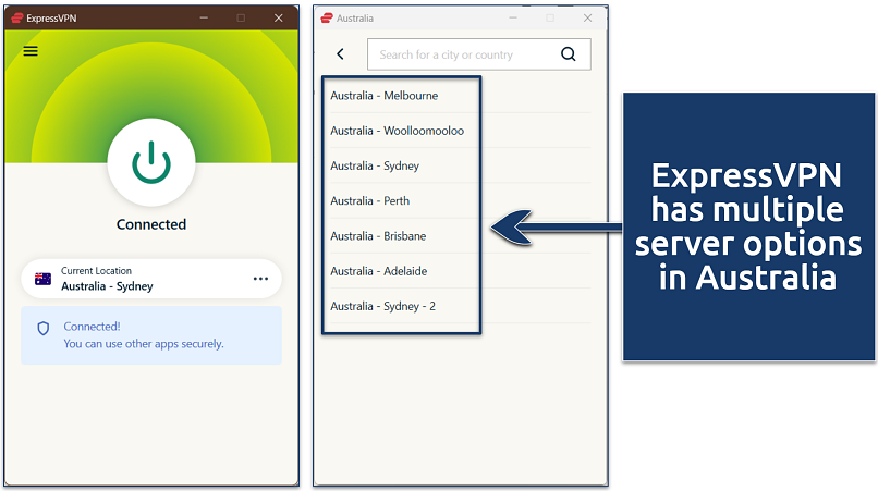 Screenshot of ExpressVPN’s Windows app connected to Sidney, Australia