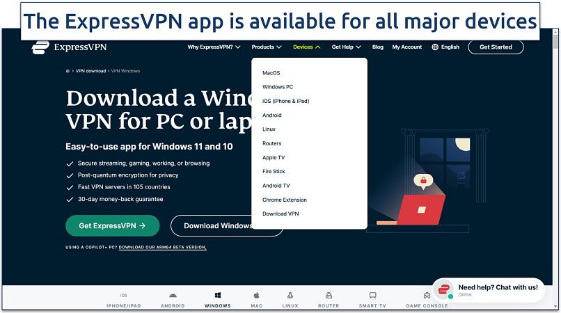 Screenshot of ExpressVPN’s website showing its download page for Windows
