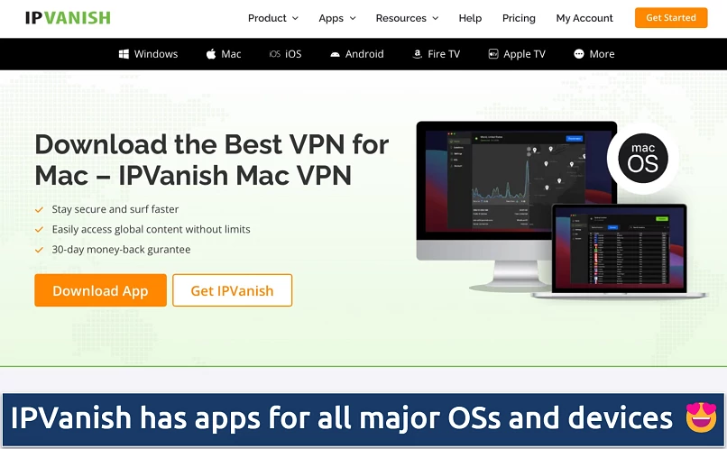Screenshot showing the download page on the IPVanish website