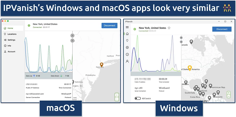 Screenshot showing a side-by-side comparison of IPVanish's Windows and macOS apps