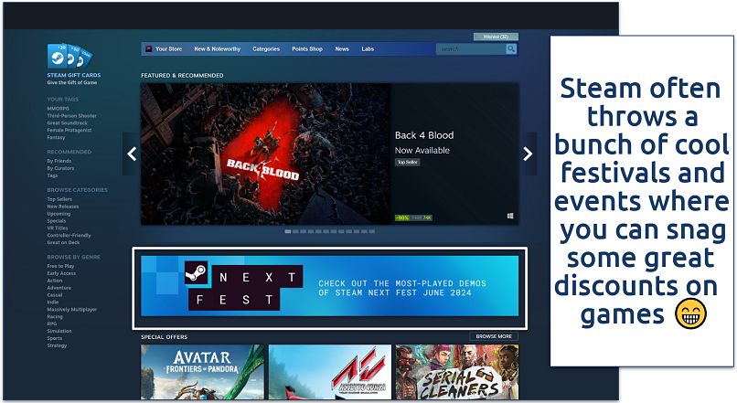 A screenshot showing Steam’s home page