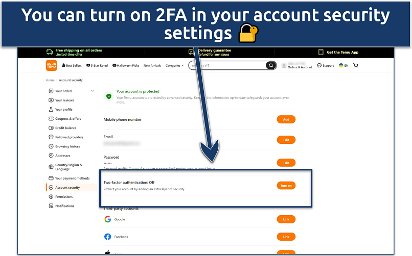 A screenshot showing the Temu’s account security settings