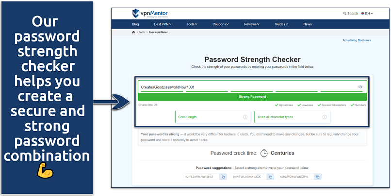 A screenshot showing the vpnMentor’s Password Strenght Checker tool