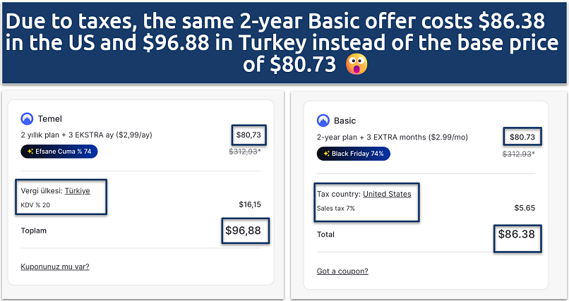 Screenshot of the NordVPN tax comparison in Turkey and the US