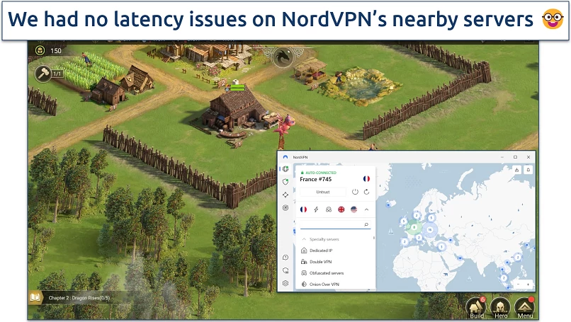 A screenshot of Rise of Empires: Ice and Fire while connected to a NordVPN server in France