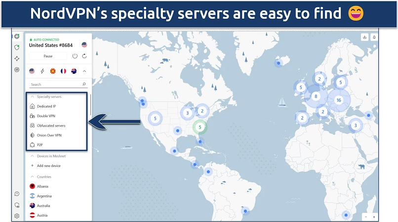A screenshot of NordVPN's map interface highlighting the specialty servers