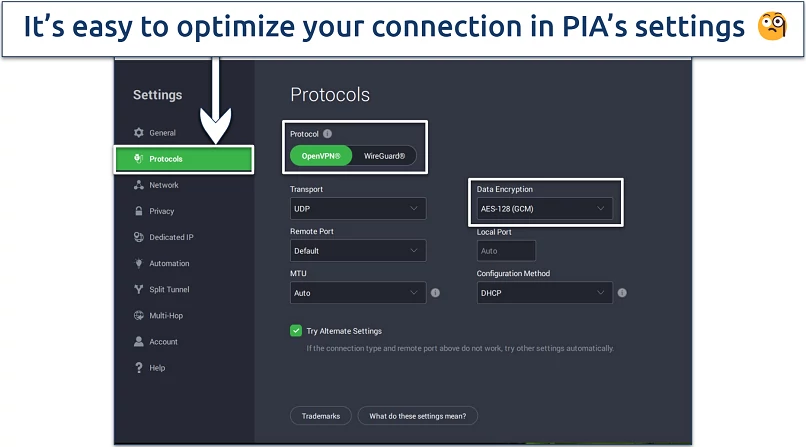A screenshot of PIA's settings menu in the Windows app