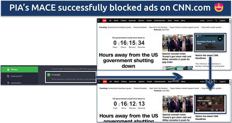 A screenshot of PIA's MACE blocking ads on CNN.com