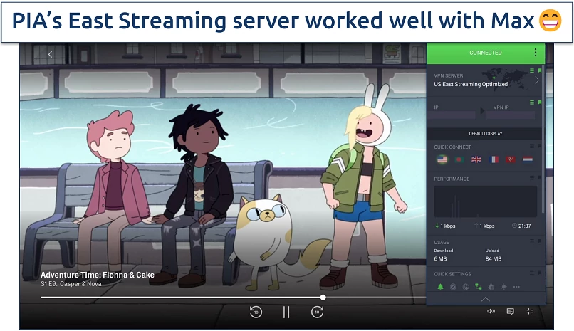 A screenshot of Adventure Time: Fionna & Cake playing on Max while connected to PIA