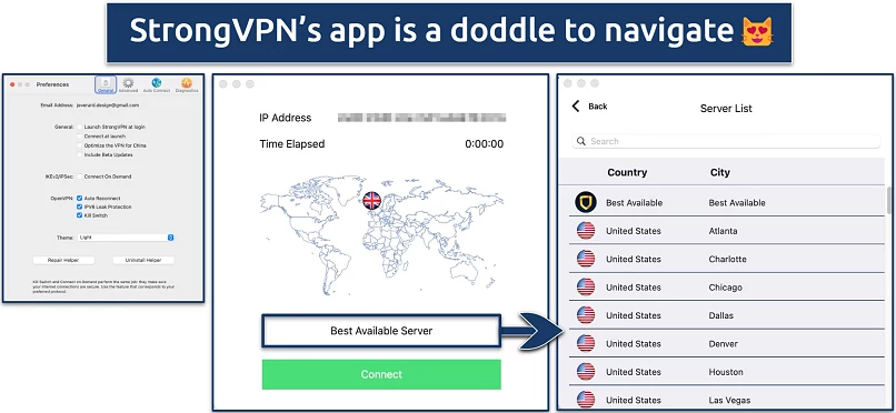 Screenshot showing the main views of the StrongVPN app