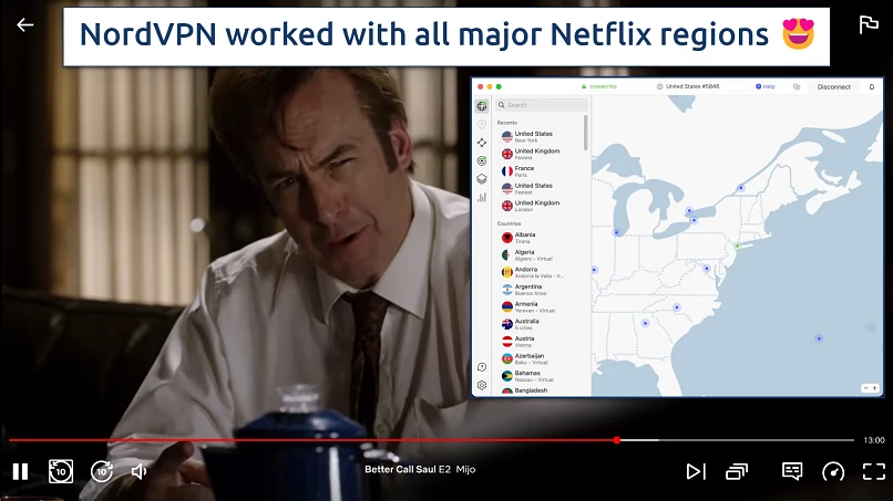 Screenshot of NordVPN connected to a US server over a browser streaming Netflix