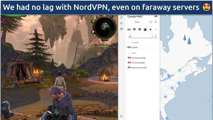 A screenshot of Neverwinter connected to NordVPN's Canada server
