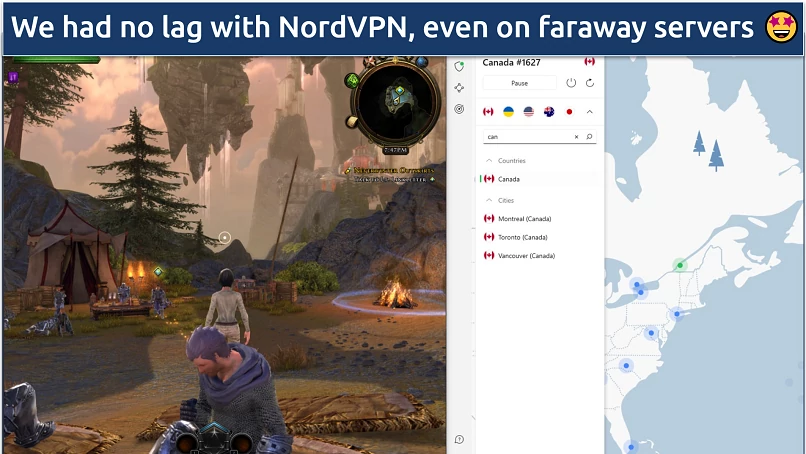 A screenshot of Neverwinter connected to NordVPN's Canada server