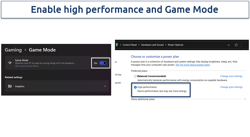 Screenshot showing power and game mode settings in Windows