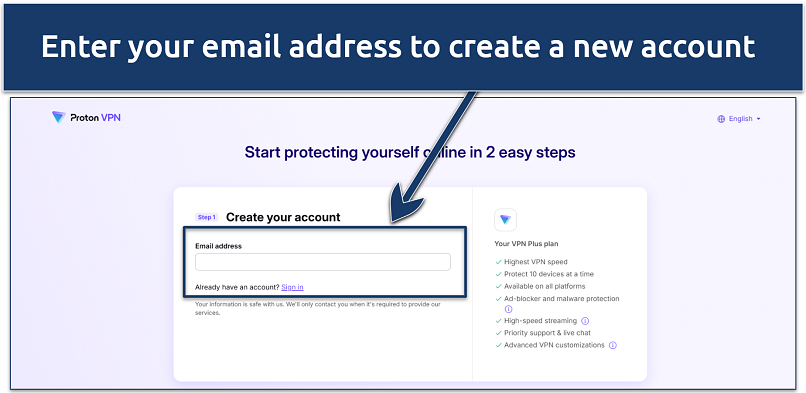 A screenshot showing Proton VPN's account registration page