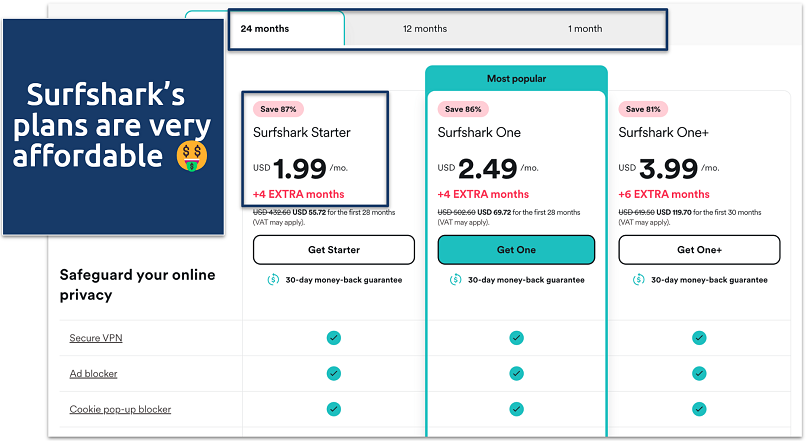 Screenshot of Surfshark’s pricing page