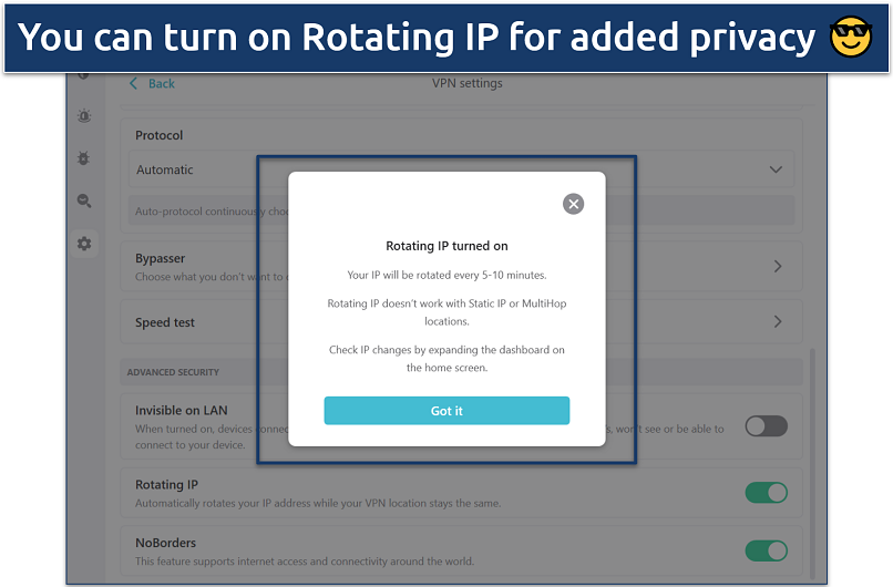 Screenshot of Surfshark’s Rotating IP settings