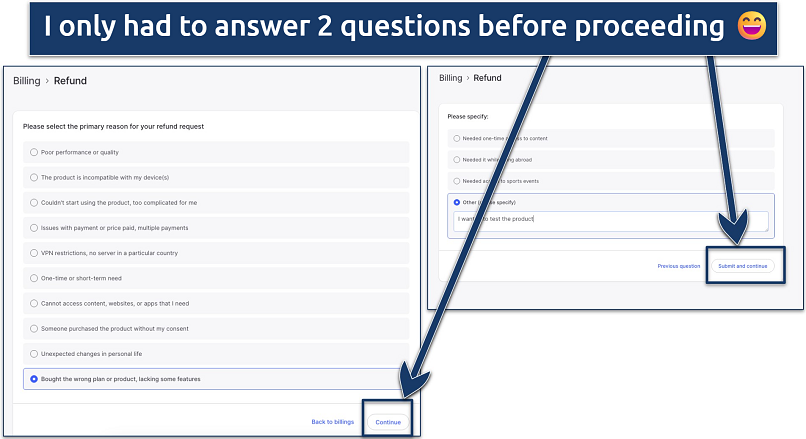 Screenshot of the questions regarding canceling and refund in the NordVPN app