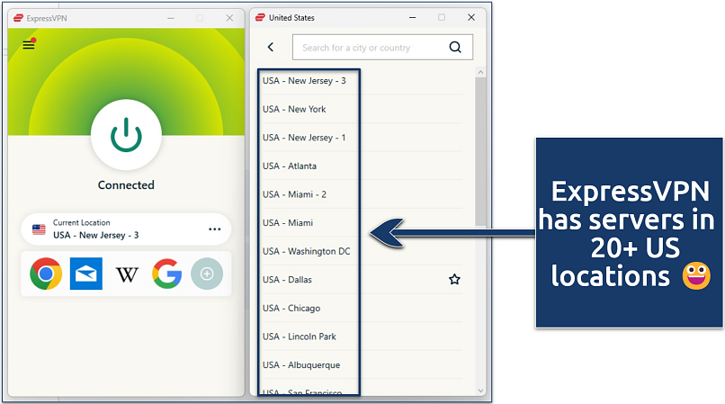 A screenshot showing some of ExpressVPN’s US servers