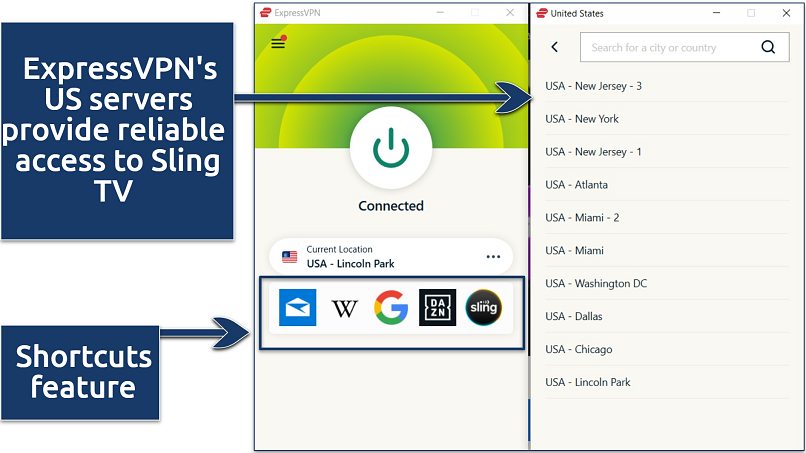Screenshot of ExpressVPN’s Windows app connected to Lincoln Park, USA server