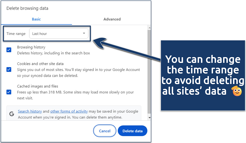 Screenshot of Google Chrome’s Delete browsing data settings popup