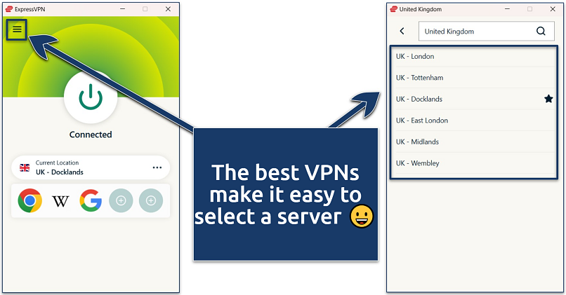 Screenshot of the ExpressVPN Windows VPN app connected to the UK - Docklands server