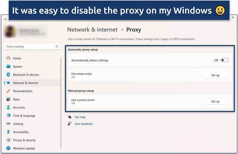 Screenshot of the Windows Network & Security, Proxy settings with everything disabled