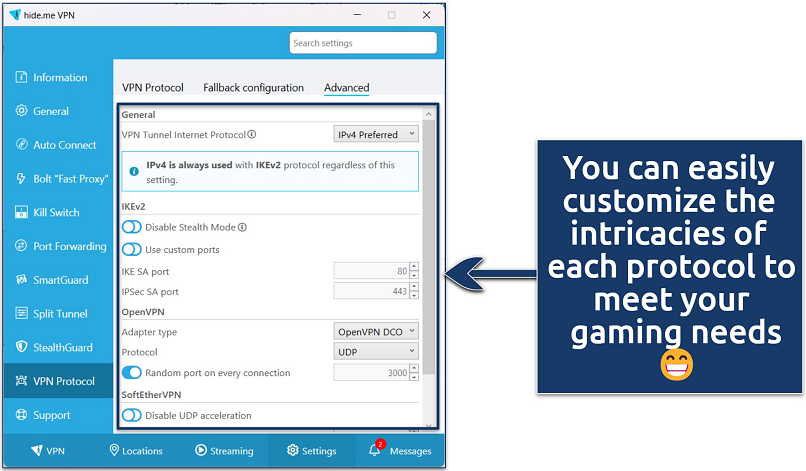 Screenshot showing hide.me’s customizable security features