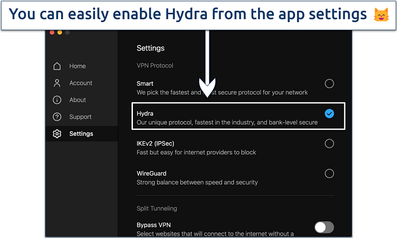 Screenshot showing how to enable Hotspot Shield’s Hydra protocol