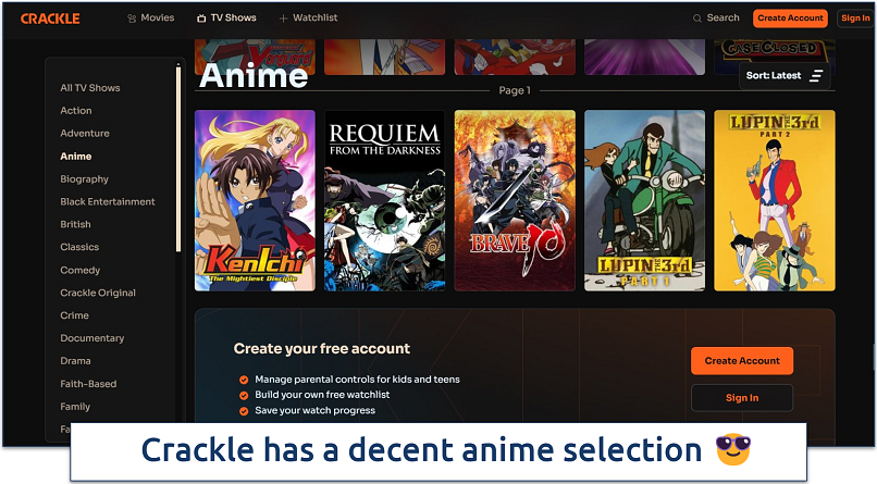 Screenshot of Crackle’s anime selection