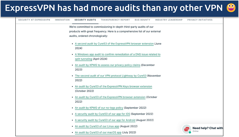 Screenshot of ExpressVPN’s website showing its independent audits list