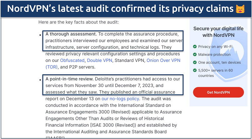 Screenshot of NordVPN’s statement about its attest audit