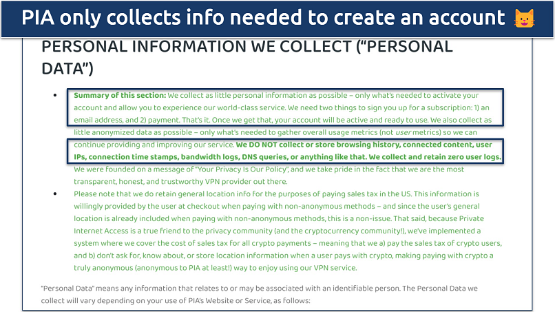 Screenshot of PIA’s privacy policy highlighting the data it collects